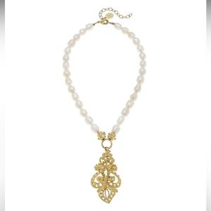 Susan Shaw French scroll cross on genuine fresh water pearl necklace